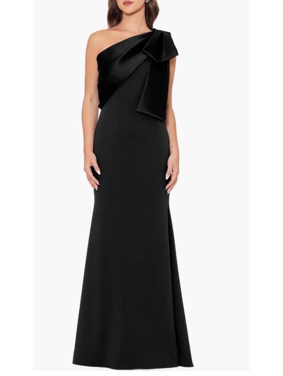 New Betsy & Adam Bow One-Shoulder Crepe Mermaid Gown In Black Sz 8 $269